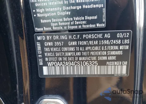 2012 Porsche 911 Carrera z USA, uszkodzony, nr VIN WP0AA2A94CS106325